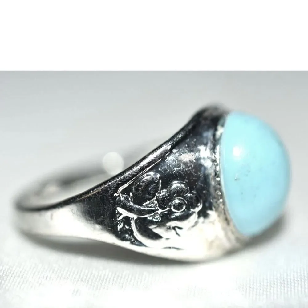 Trendy Robin Egg Blue Oval Stone Flower Etched Silver Tone Sizes 10,11 &13 Rings